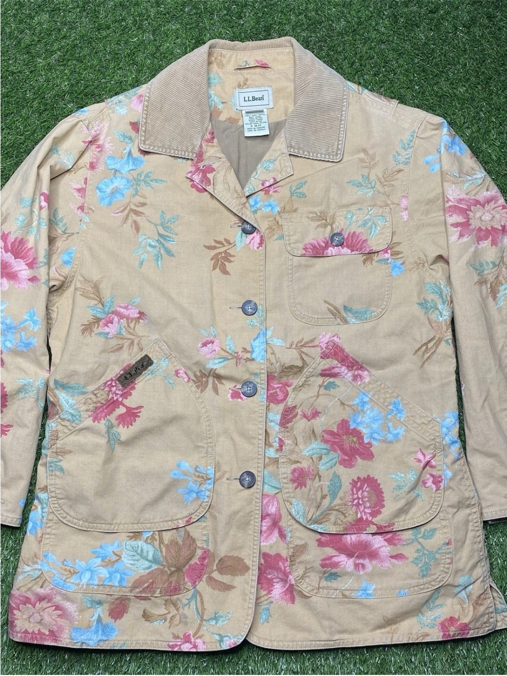 L.L. Bean Floral Tan Utility Jacket with Pink & Blue Blooms